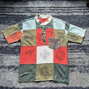 Boho Multicolor Patchwork Top Nepal Men’s XL Collarless Button down